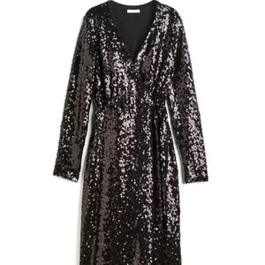 H&M Holiday Sequined Black Long Sleeve Wrap Dress - size Large NWT